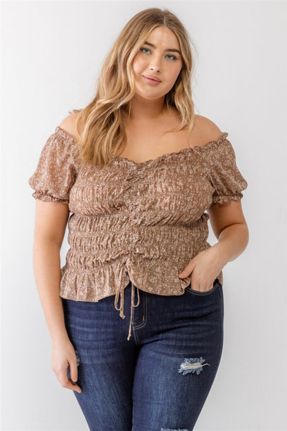 Plus Size Frill Ruched Off-Shoulder Short Sleeve Boho Blouse - Spirit and Rebel [Spirit and Rebel] Mocha 1XL 