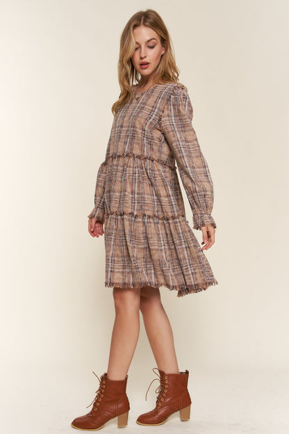 Spirit and Rebel Plus Size Washed Frayed Tiered Plaid Dress [Spirit and Rebel]   