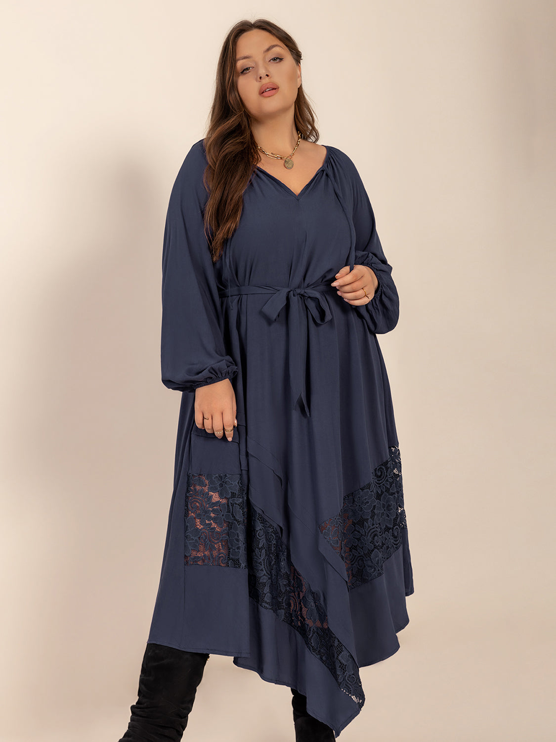 Spirit and Rebel Plus Size Lace Detail Tie Neck Long Sleeve Midi Dress [Spirit and Rebel]   