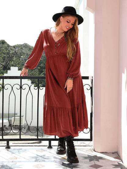 Spirit and Rebel Plus Size Quarter Button V-Neck Long Sleeve Dress [Spirit and Rebel]   