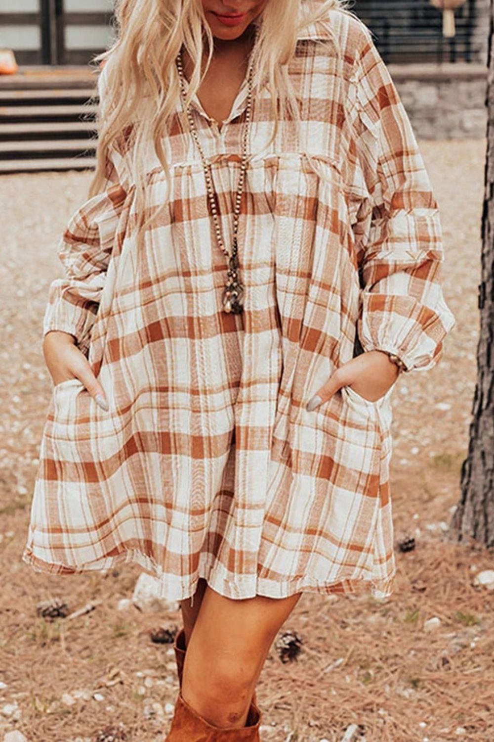 Spirit and Rebel Plaid Collared Neck Long Sleeve Mini Boho Chic Shirt Dress [Spirit and Rebel] Camel S 