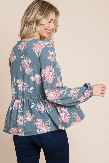 Super Lady Plus Size Babydoll Floral Long Sleeve Boho Blouse [Spirit and Rebel]   