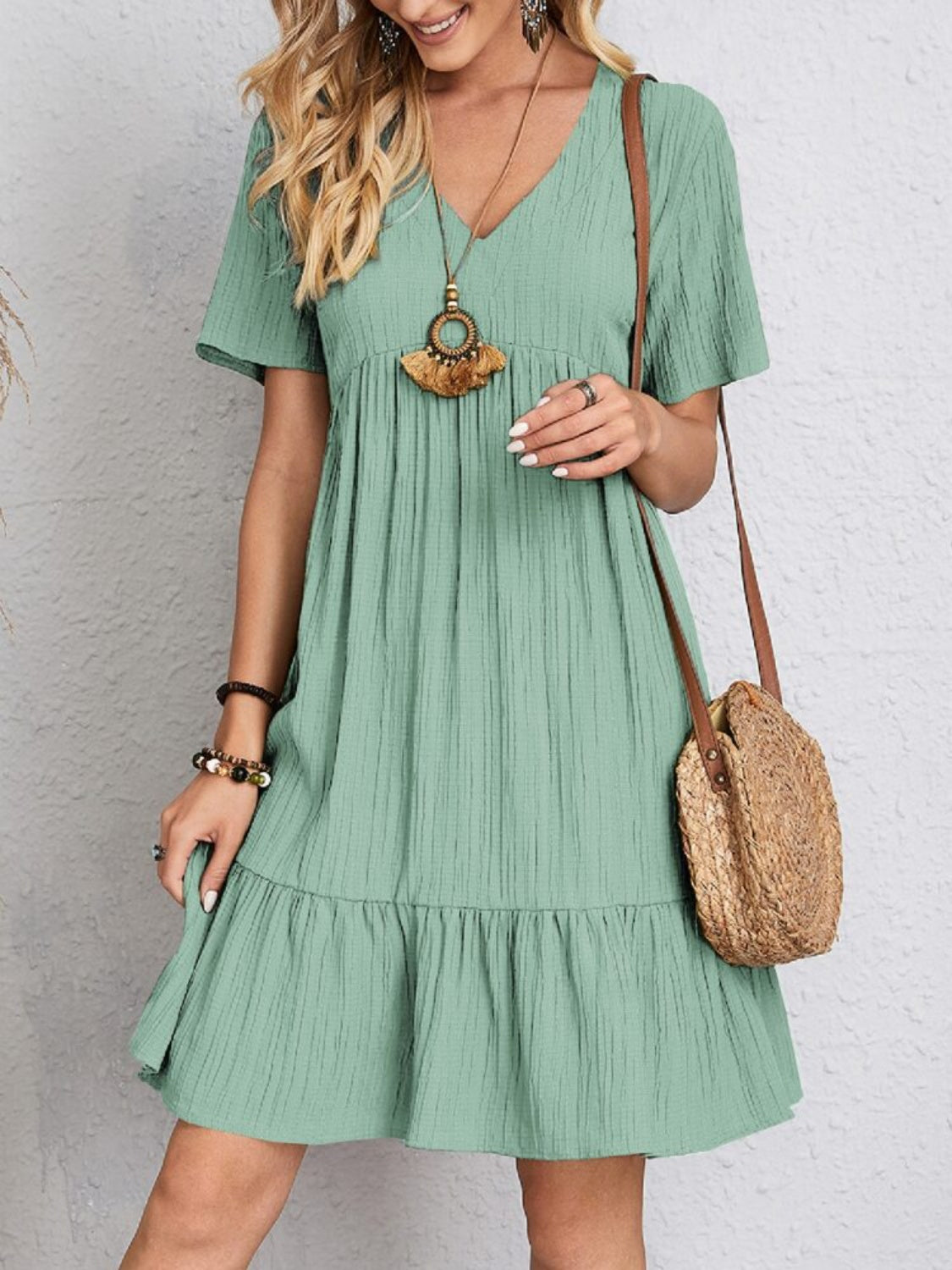 Plus Size V-Neck Short Sleeve Boho Dress - Spirit and Rebel [Spirit and Rebel]   