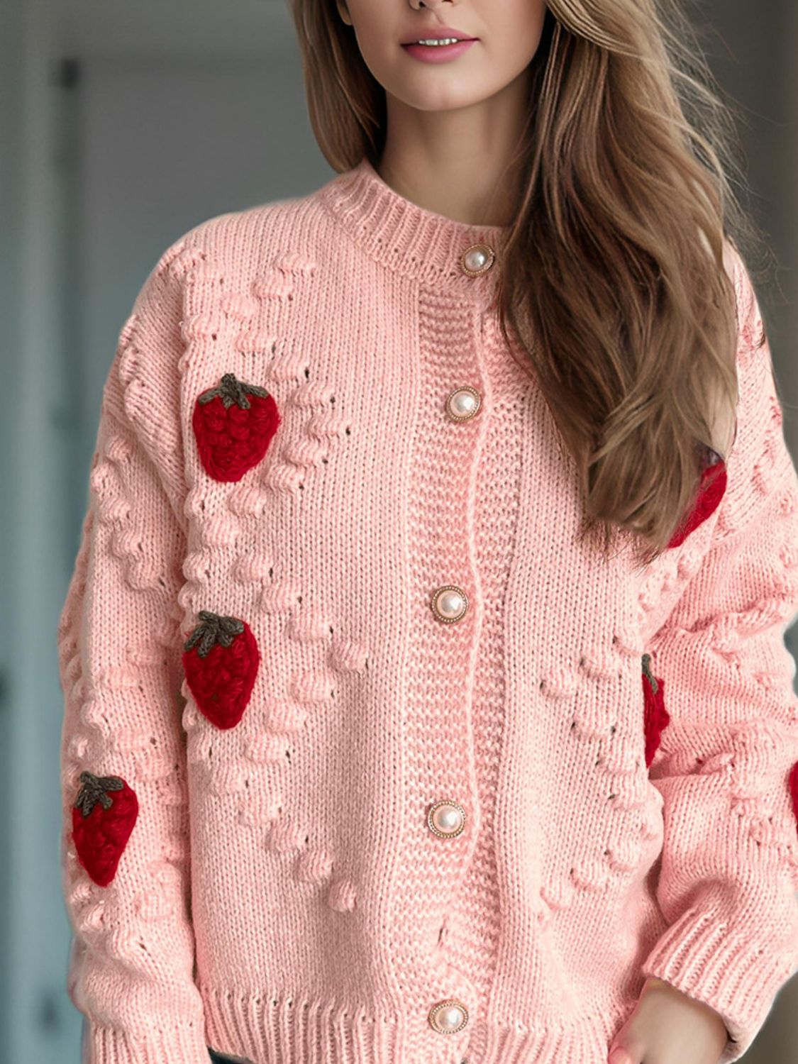 Spirit and Rebel Strawberry Button Down Long Sleeve Boho Cardigan [Spirit and Rebel] Dusty Pink One Size 