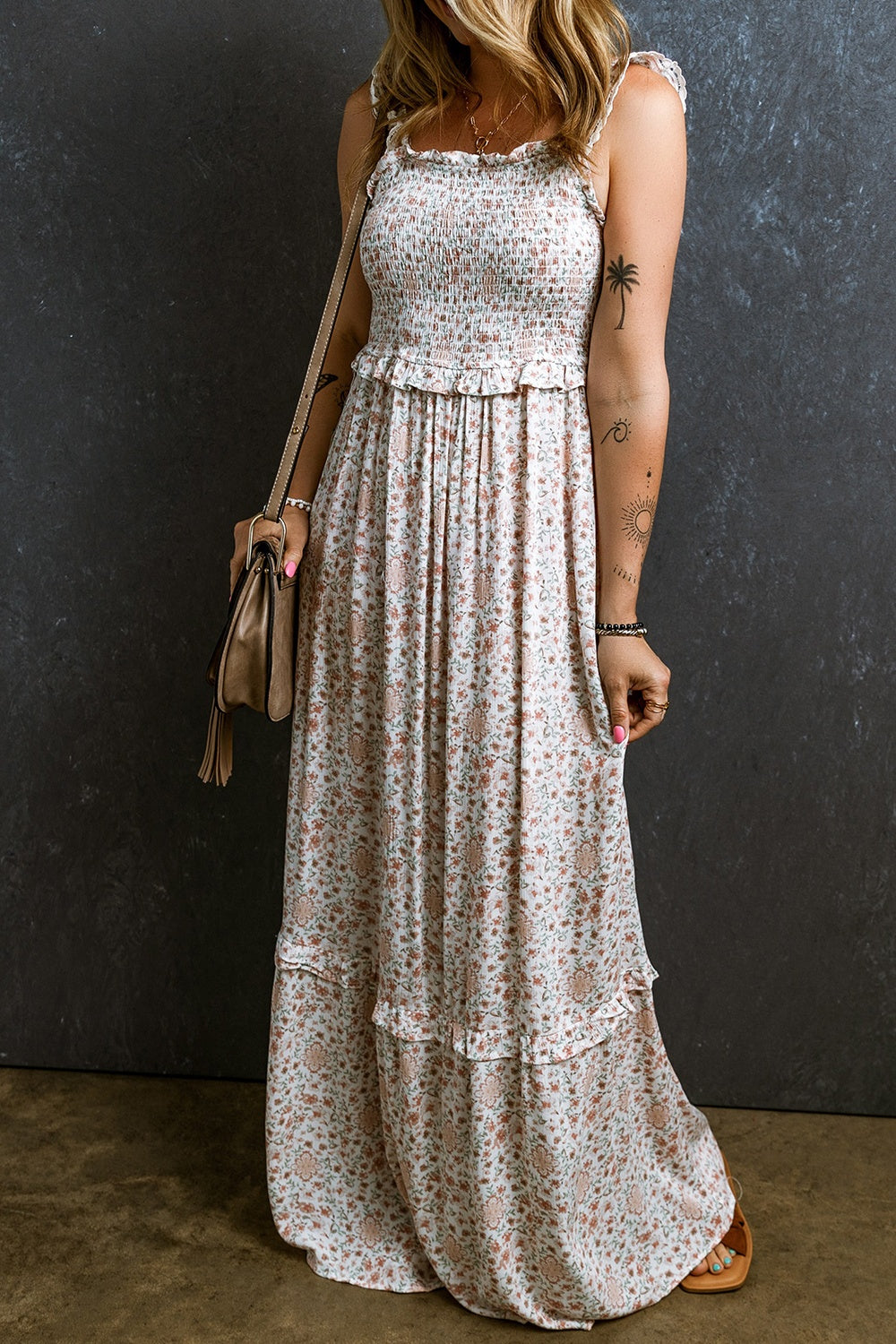 Ruffled Smocked Printed Sleeveless Maxi Boho Dress - Spirit and Rebel [Spirit and Rebel] Floral S 