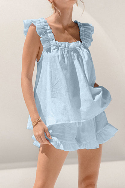 Boho Chic  Ruffled Square Neck Top and Shorts Set [Spirit and Rebel] Mint Blue S 