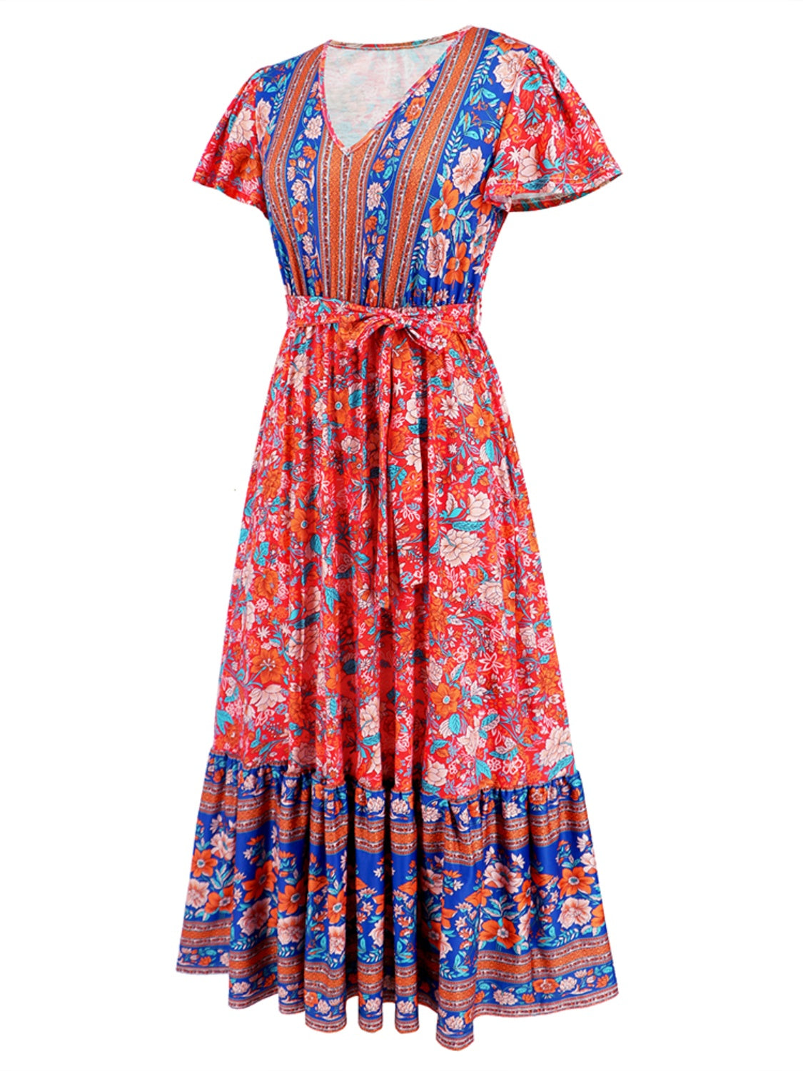 Tied Printed V-Neck Short Sleeve Boho Wedding Guest Dress [Spirit and Rebel]   