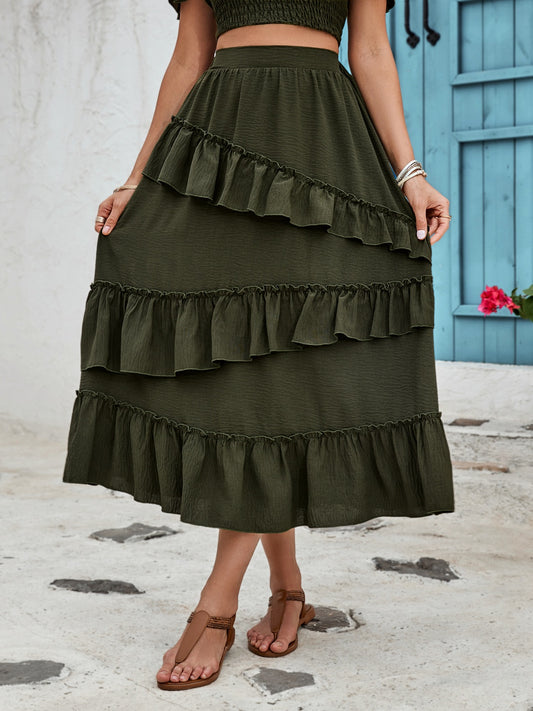 Ruffled Elastic Waist Boho Midi Skirt [Spirit and Rebel] Black Forest S 