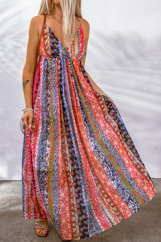 Printed Surplice Spaghetti Strap Boho Dress [Spirit and Rebel] Multicolor S 