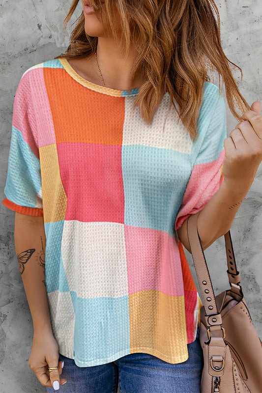 Color Block Round Neck Half Sleeve Boho Top - Spirit and Rebel [Spirit and Rebel] Pink S 