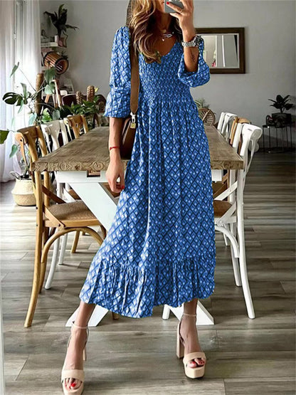 Smocked Printed V-Neck Midi Boho Dress - Spirit and Rebel [Spirit and Rebel] Royal Blue S 