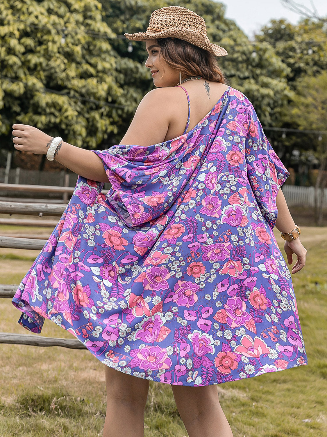 Plus Size Printed Boho Cami, Open Front Boho Cover Up and Boho Shorts Set - Spirit and Rebel [Spirit and Rebel]   