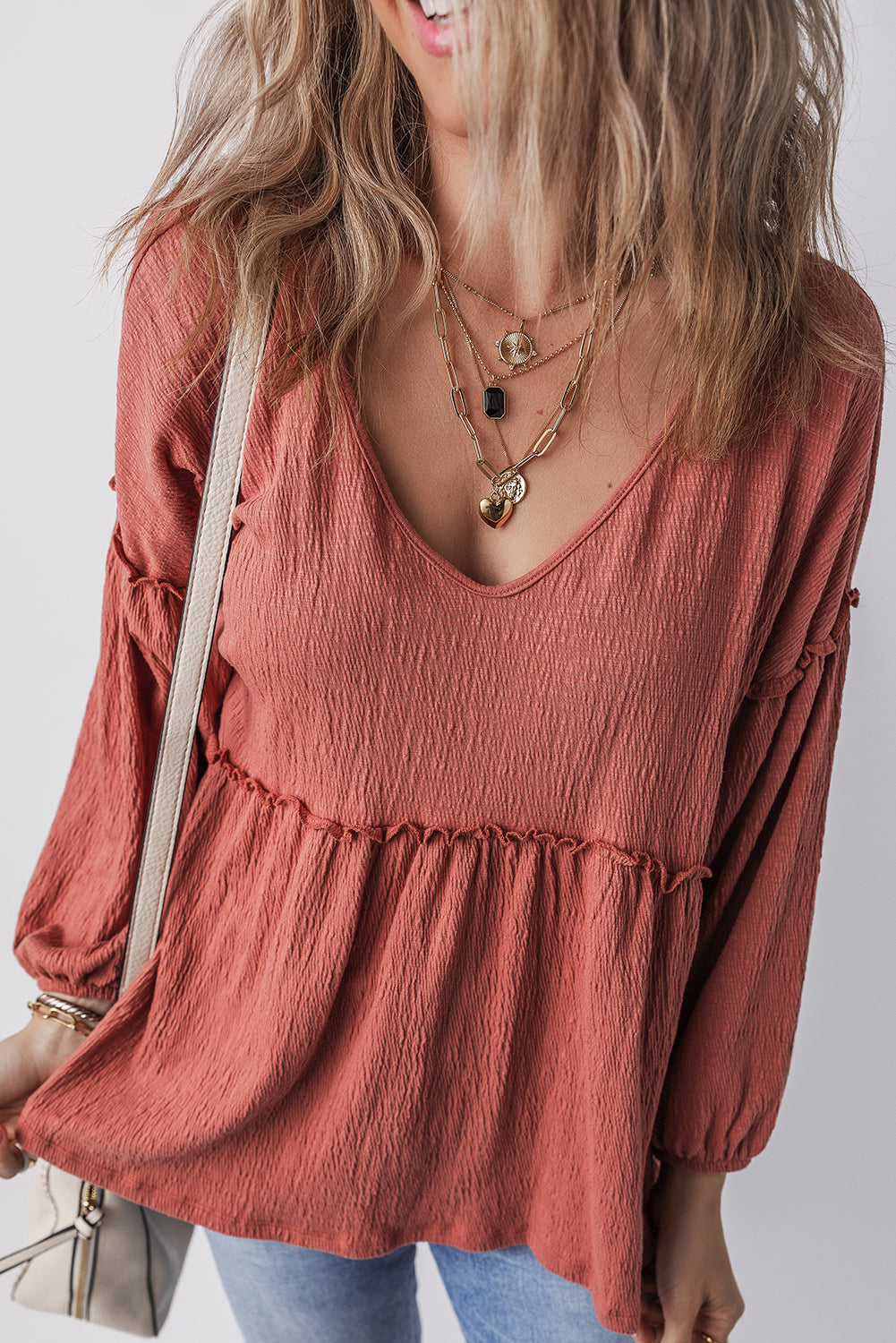 Frill V-Neck Long Sleeve Boho Blouse [Spirit and Rebel]   