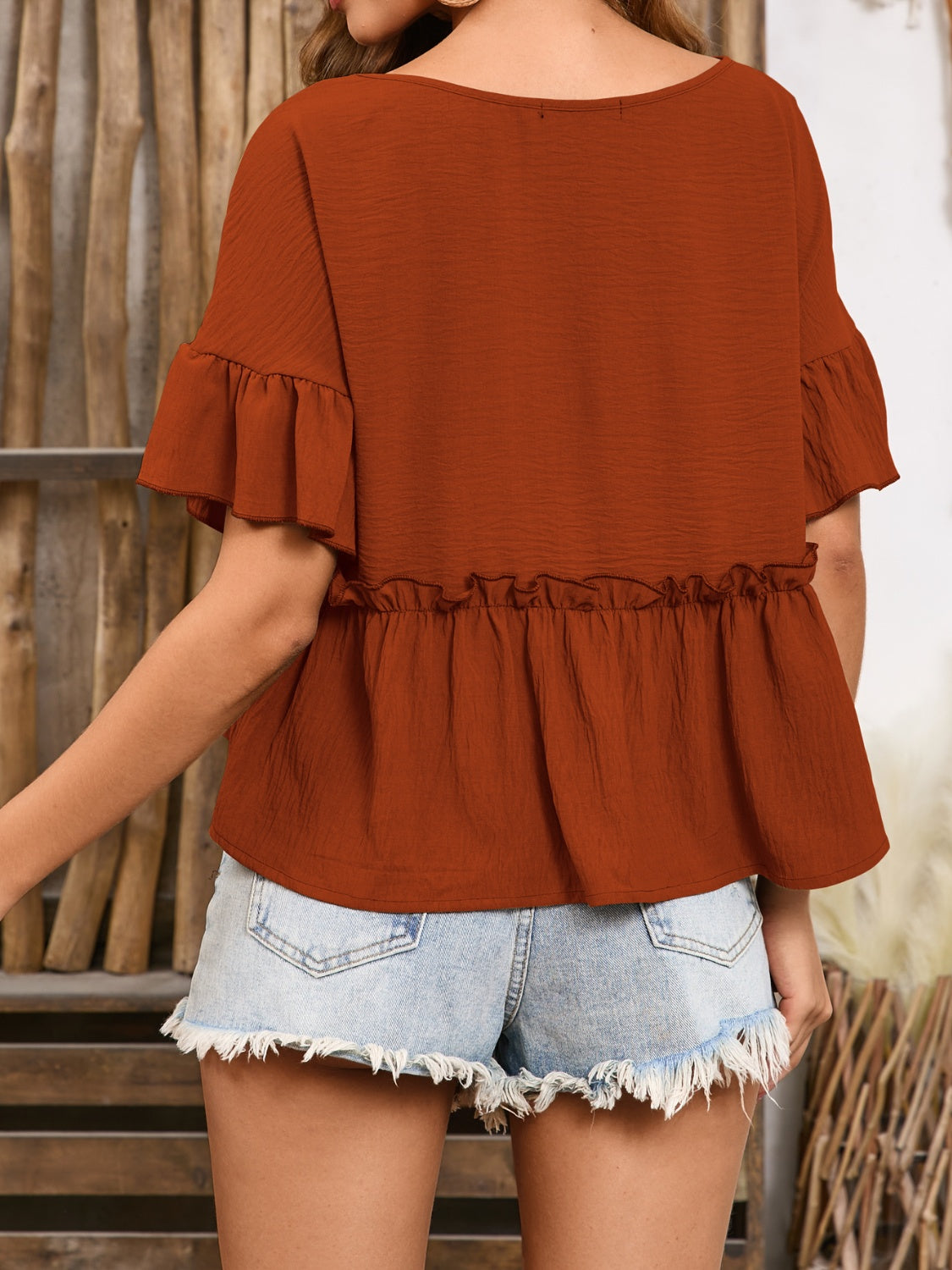 Frill Decorative Button Round Neck Half Sleeve Boho Blouse - Spirit and Rebel [Spirit and Rebel]   