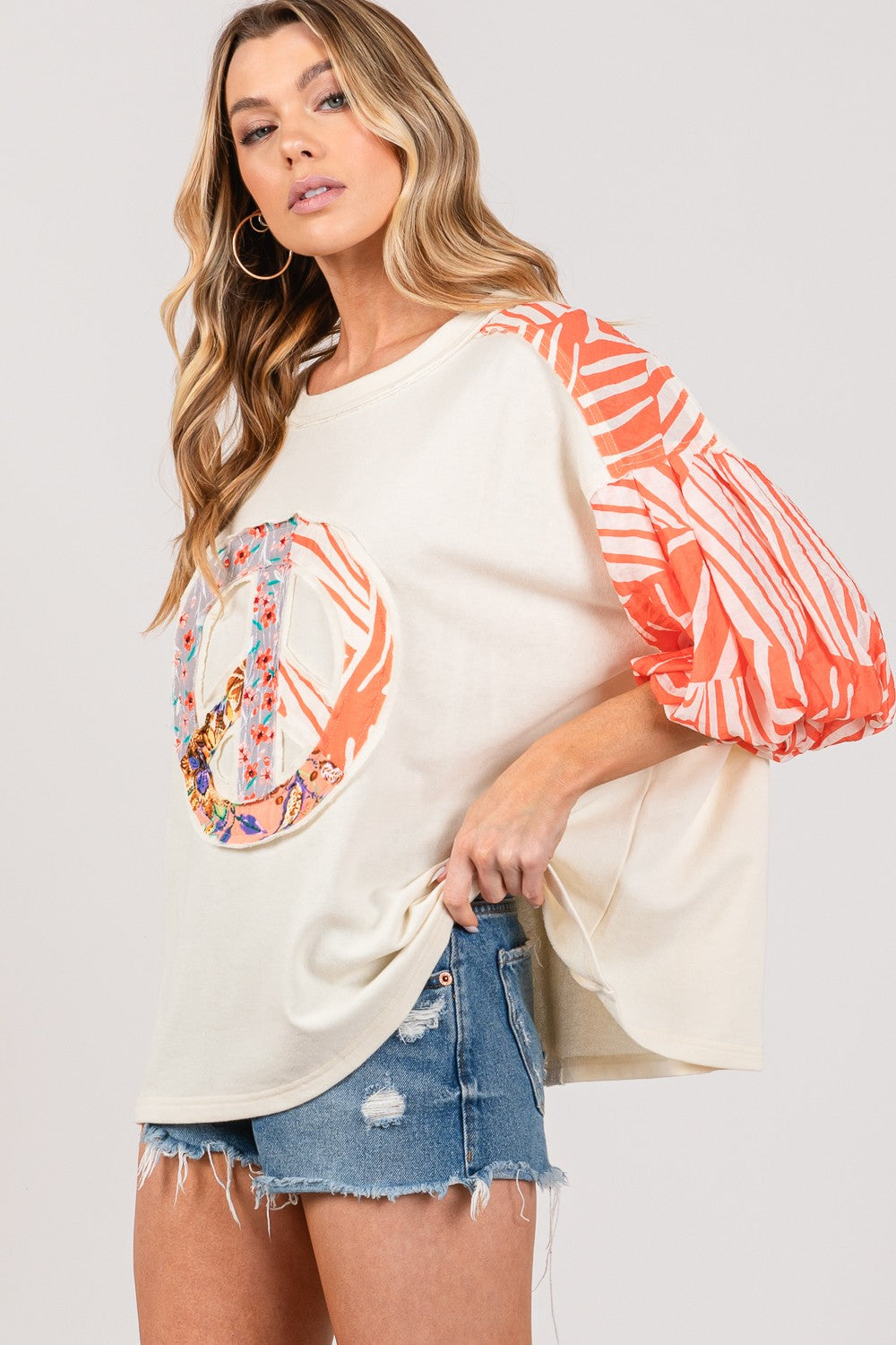 Spirit and Rebel Peace Applique Patch with Zebra Print Contrast Boho Top [Spirit and Rebel]   