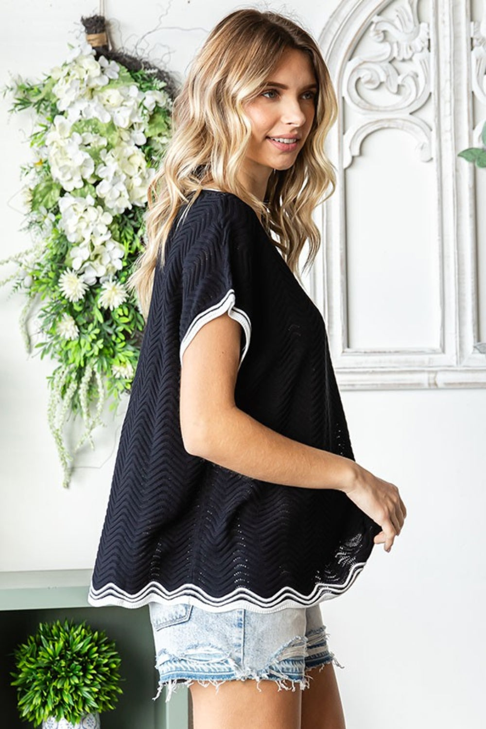 Plus Size Contrast Wavy Crochet Drop Shoulder Knit Boho Top - Spirit and Rebel [Spirit and Rebel]   