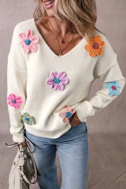 Crochet Flower V-Neck Long Sleeve Boho Sweater - Spirit and Rebel [Spirit and Rebel]   