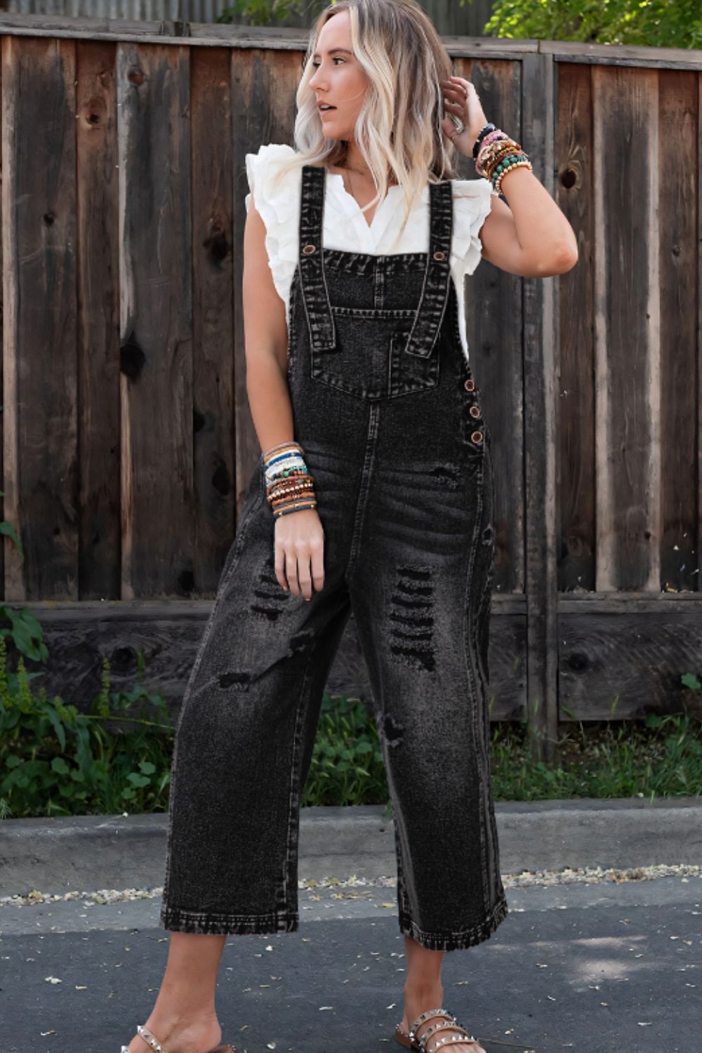 Spirit and Rebel Distressed Wide Strap Denim Overalls [Spirit and Rebel] Black S 