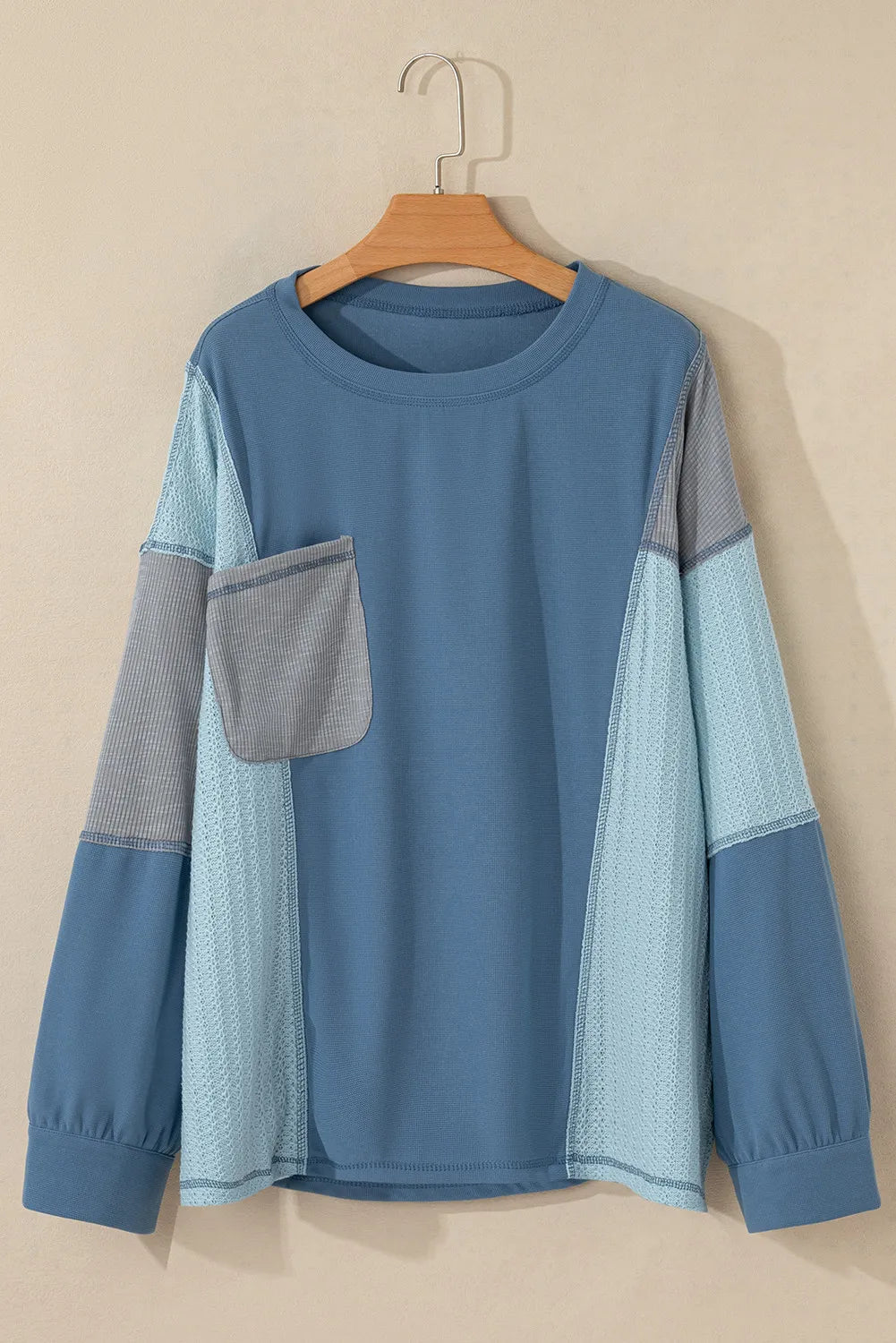 Spirit and Rebel Patchwork Color Block Round Neck Long Sleeve Boho Top [Spirit and Rebel]   