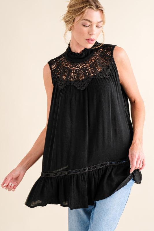 Lace Detail Sleeveless Ruffled Boho Top - Spirit and Rebel [Spirit and Rebel] Black S 