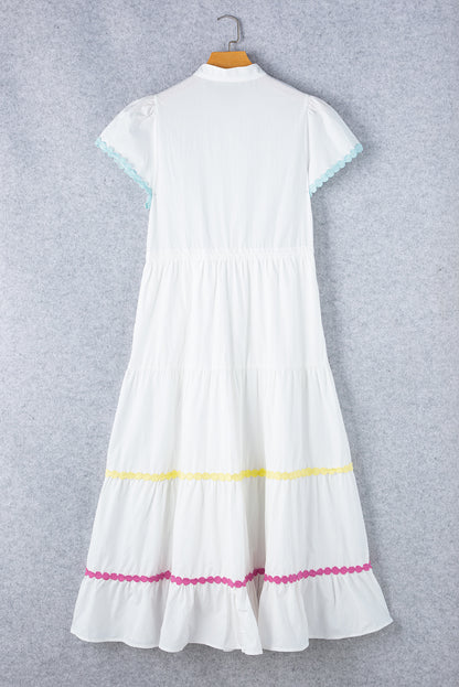 Contrast Trim Button Up Short Sleeve Boho Dress - Spirit and Rebel [Spirit and Rebel]   