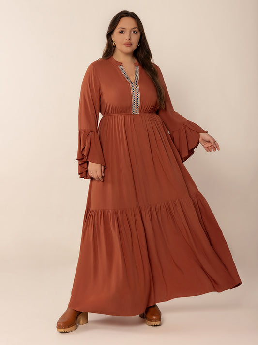 Spirit and Rebel Plus Size Ruffled Notched Long Sleeve Midi Dress [Spirit and Rebel] Terracotta 0XL 