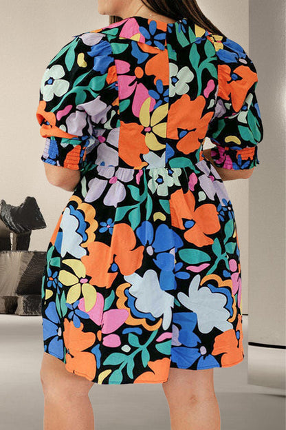 Plus Size Printed V-Neck Short Sleeve Mini Boho Dress [Spirit and Rebel]   