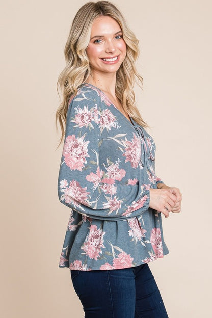 Super Lady Plus Size Babydoll Floral Long Sleeve Boho Blouse [Spirit and Rebel]   