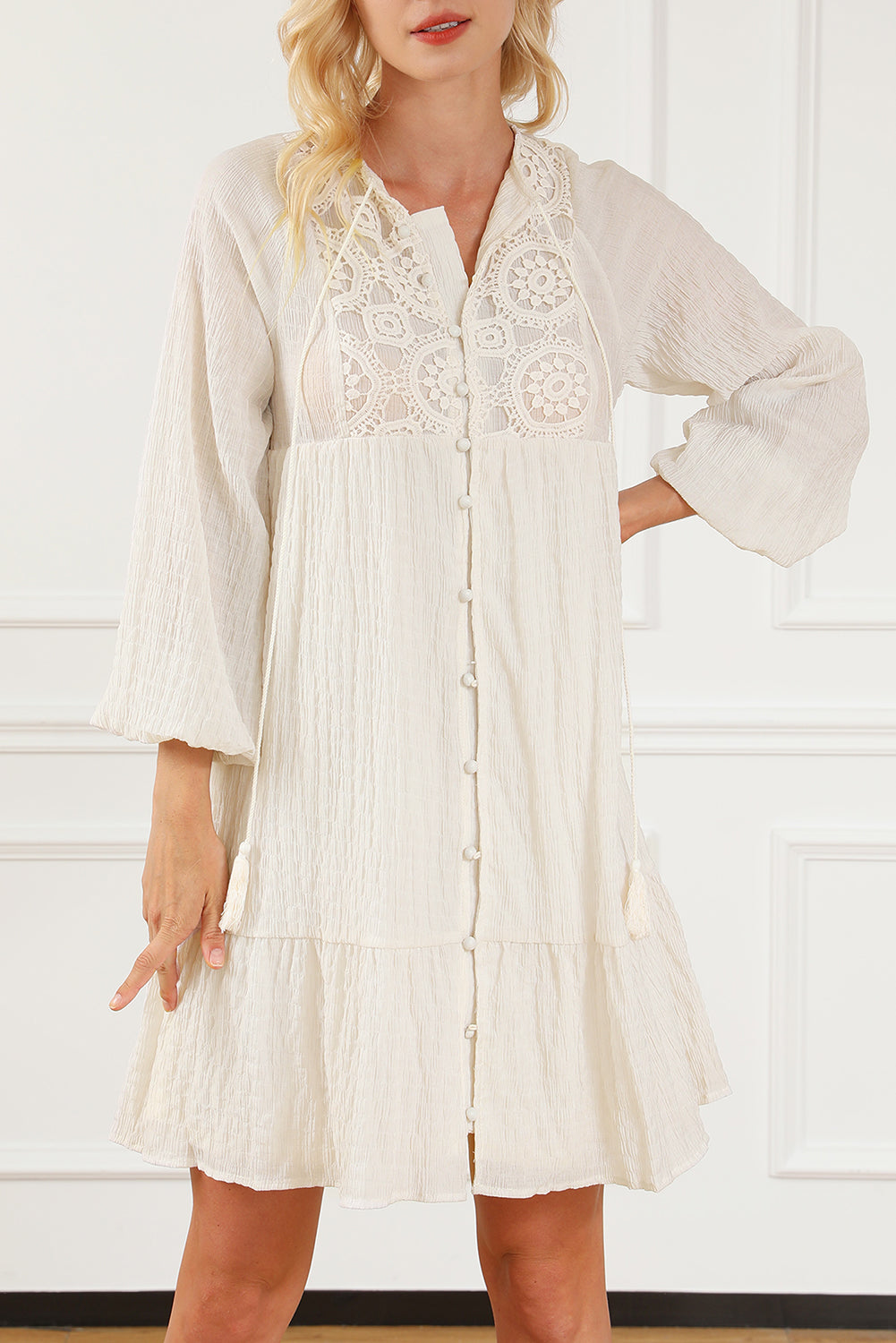 Tie Neck Balloon Sleeve Boho Mini Dress [Spirit and Rebel] White S 