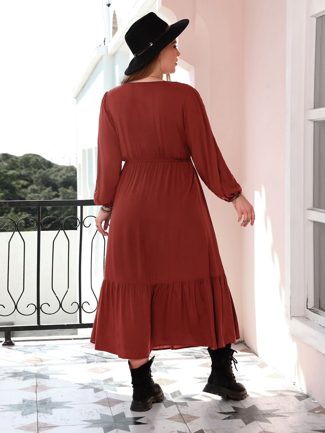 Spirit and Rebel Plus Size Quarter Button V-Neck Long Sleeve Dress [Spirit and Rebel]   