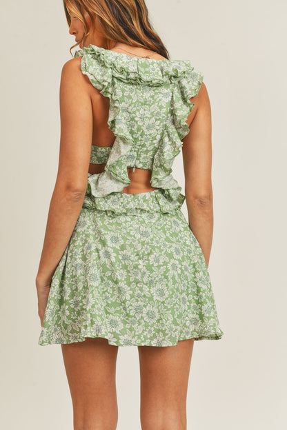 Floral Side Cutout Ruffled Mini Boho Dress - Spirit and Rebel [Spirit and Rebel]   