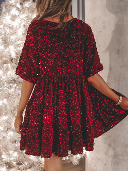 Plus Size Sequin Round Neck Half Sleeve Mini Boho Dress - Spirit and Rebel [Spirit and Rebel]   