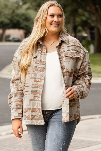 Spirit and Rebel Plus Size Geometric Collared Neck Long Sleeve Boho Jacket [Spirit and Rebel]   