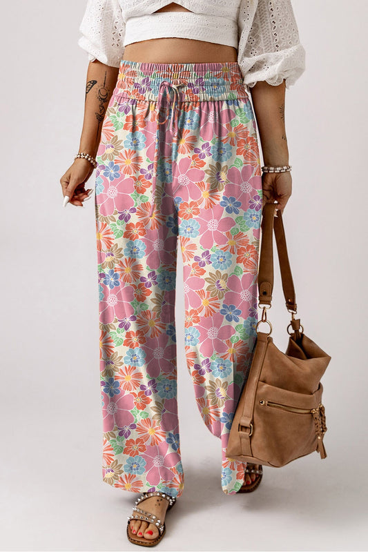 Drawstring Printed Wide Leg Boho Pants - Spirit and Rebel [Spirit and Rebel] Floral S 