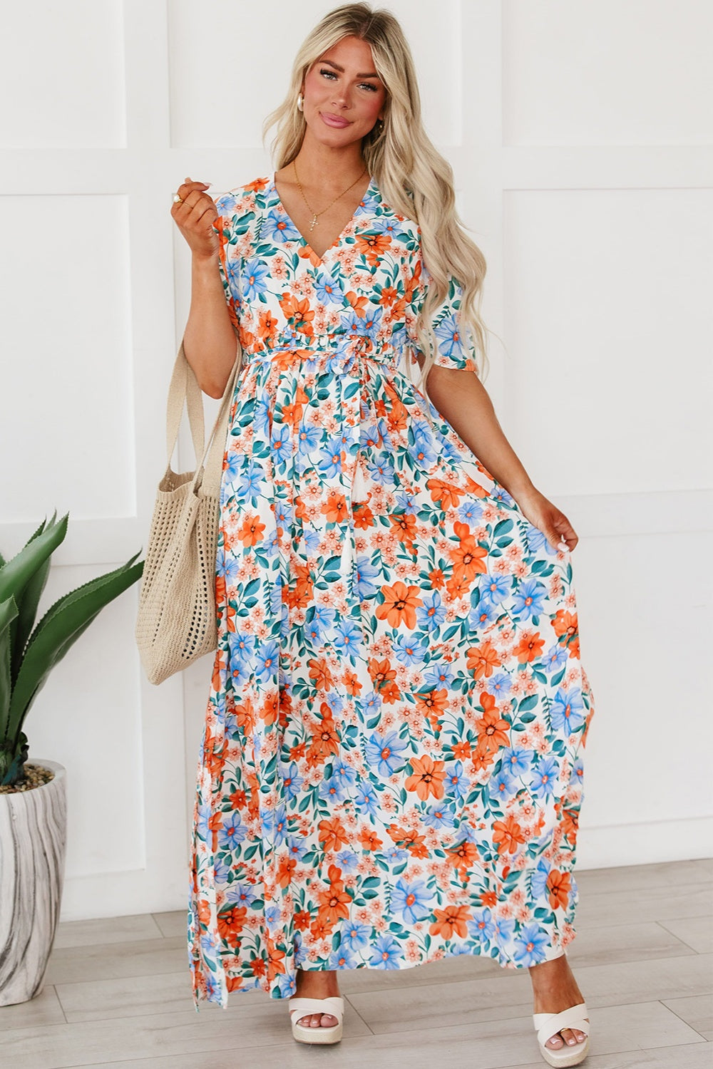 Tied Slit Printed Half Sleeve Maxi Boho Dress - Spirit and Rebel [Spirit and Rebel]   