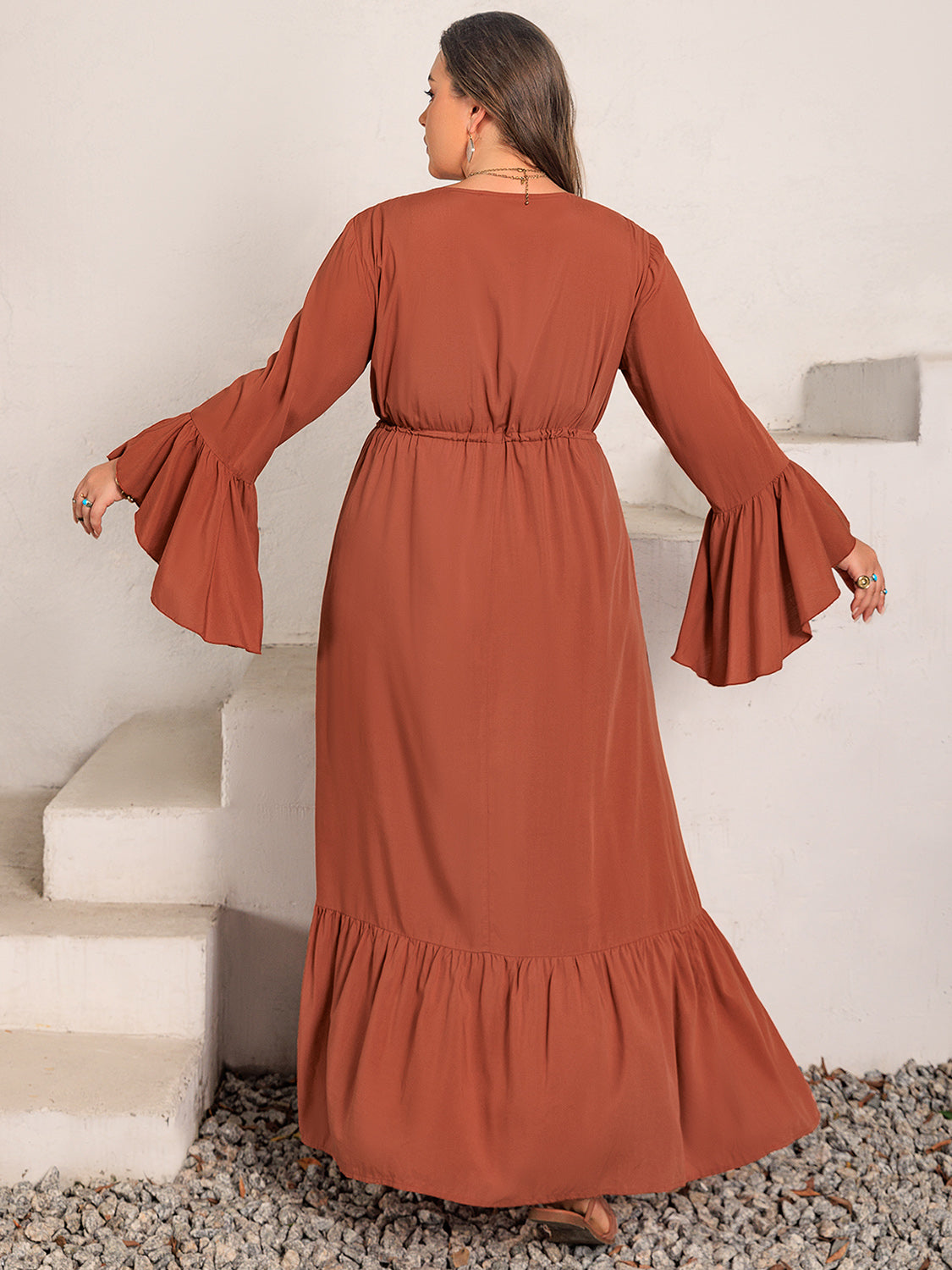 Plus Size V-Neck Flare Sleeve Maxi Boho Dress - Spirit and Rebel [Spirit and Rebel]   