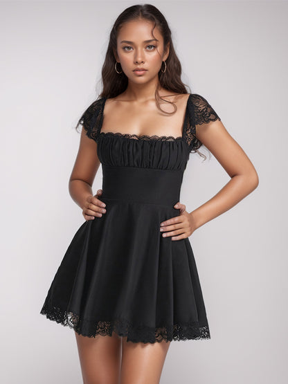 Lace Detail Square Neck Cap Sleeve Mini Dress - Spirit and Rebel [Spirit and Rebel] Black S 