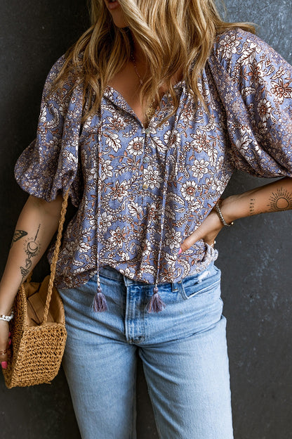 Printed Tie Neck Half Sleeve Boho Blouse - Spirit and Rebel [Spirit and Rebel]   