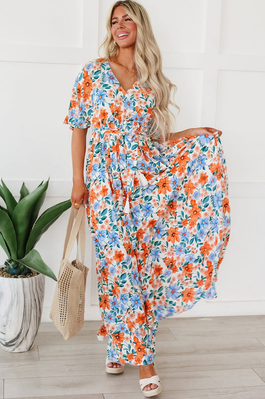 Tied Slit Printed Half Sleeve Maxi Boho Dress - Spirit and Rebel [Spirit and Rebel] Floral S 