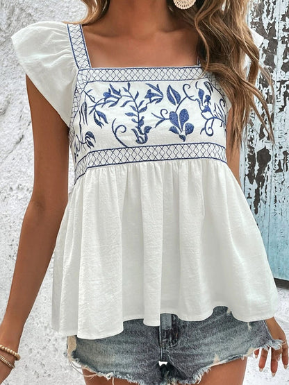 Tied Embroidered Ruffled Square Neck Cap Sleeve Boho Blouse [Spirit and Rebel]   