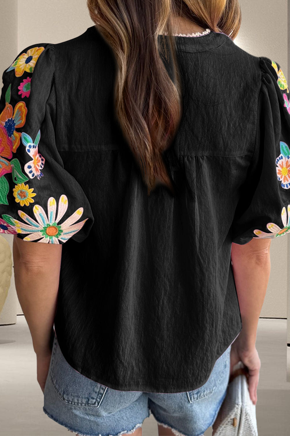 Embroidered Tie Neck Half Sleeve Boho Blouse - Spirit and Rebel [Spirit and Rebel]   