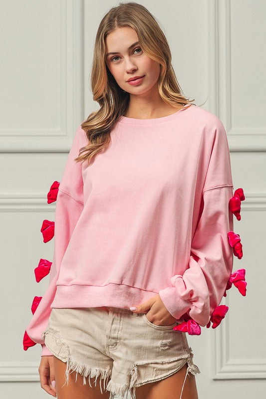 Velvet Ribbon Bows Long Sleeve Round Neck Sweatshirt [Spirit and Rebel] Pink S