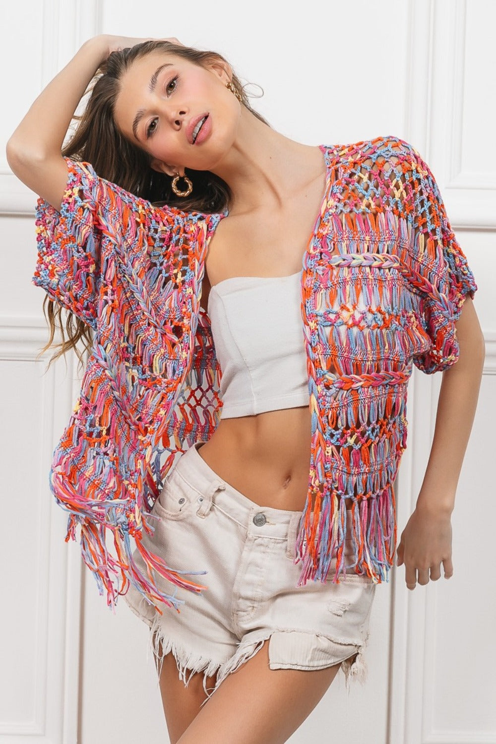 Spirit and Rebel Open Front Fringed Crop Knit Boho Cardigan [Spirit and Rebel]   