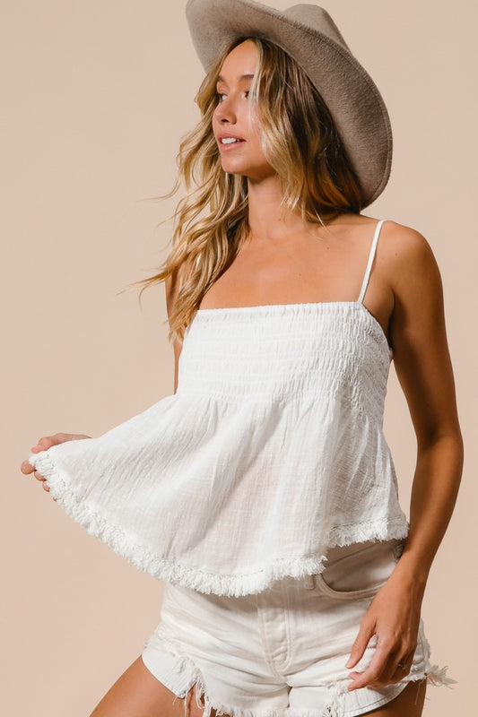 Spirit and Rebel Fringed Hem Smocked Boho Cami [Spirit and Rebel] Off White S 