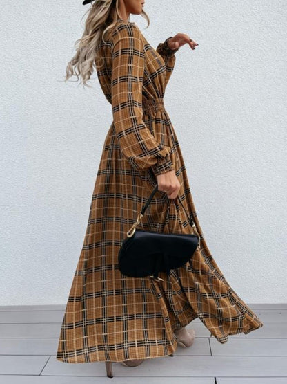 Slit Plaid Tie Neck Long Sleeve Maxi Dress - Spirit and Rebel [Spirit and Rebel]   