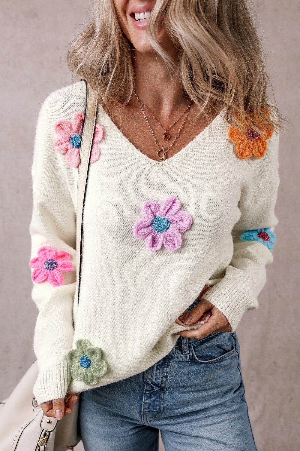 Crochet Flower V-Neck Long Sleeve Boho Sweater - Spirit and Rebel [Spirit and Rebel]   