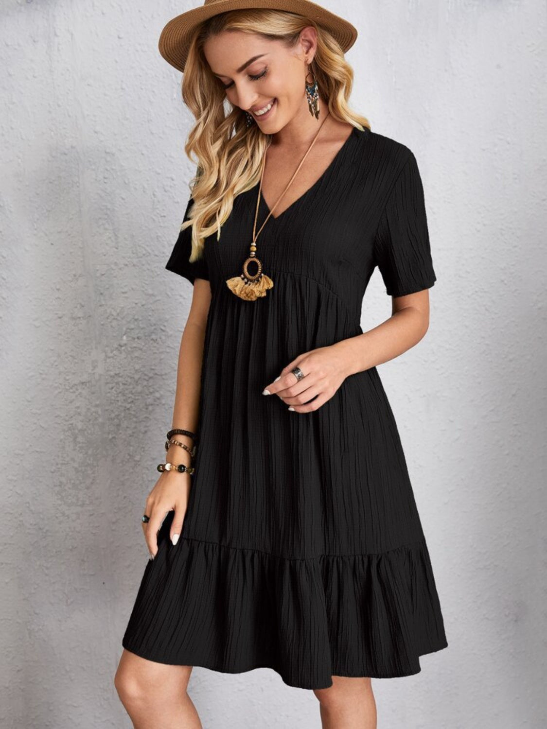 Plus Size V-Neck Short Sleeve Boho Dress - Spirit and Rebel [Spirit and Rebel]   