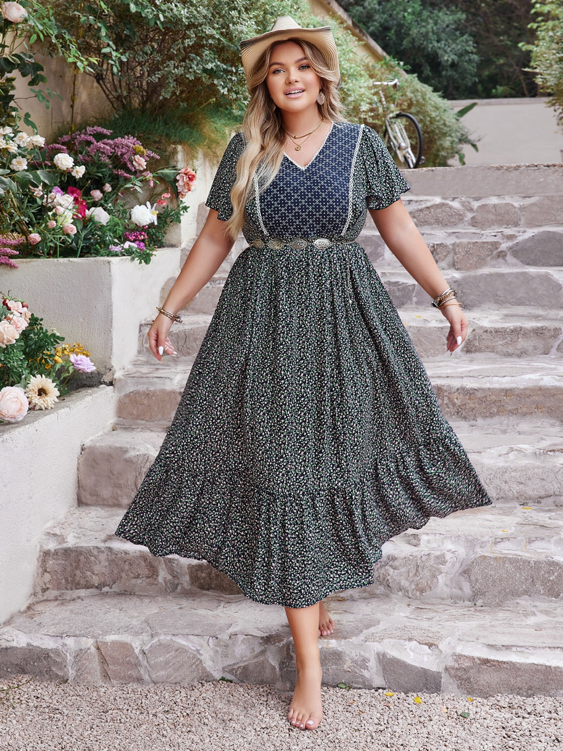 Plus Size Printed V-Neck Flutter Sleeve Boho Midi Dress [Spirit and Rebel]   