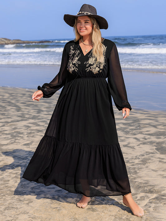 Spirit and Rebel Plus Size Embroidered Tie Neck Long Sleeve Dress [Spirit and Rebel] Black 0XL 