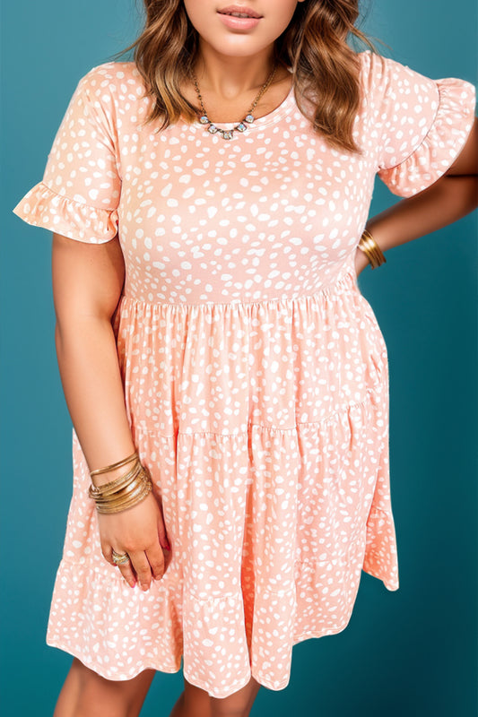 Plus Size Printed Round Neck Flounce Sleeve Boho Mini Dress [Spirit and Rebel] Peach 1XL 